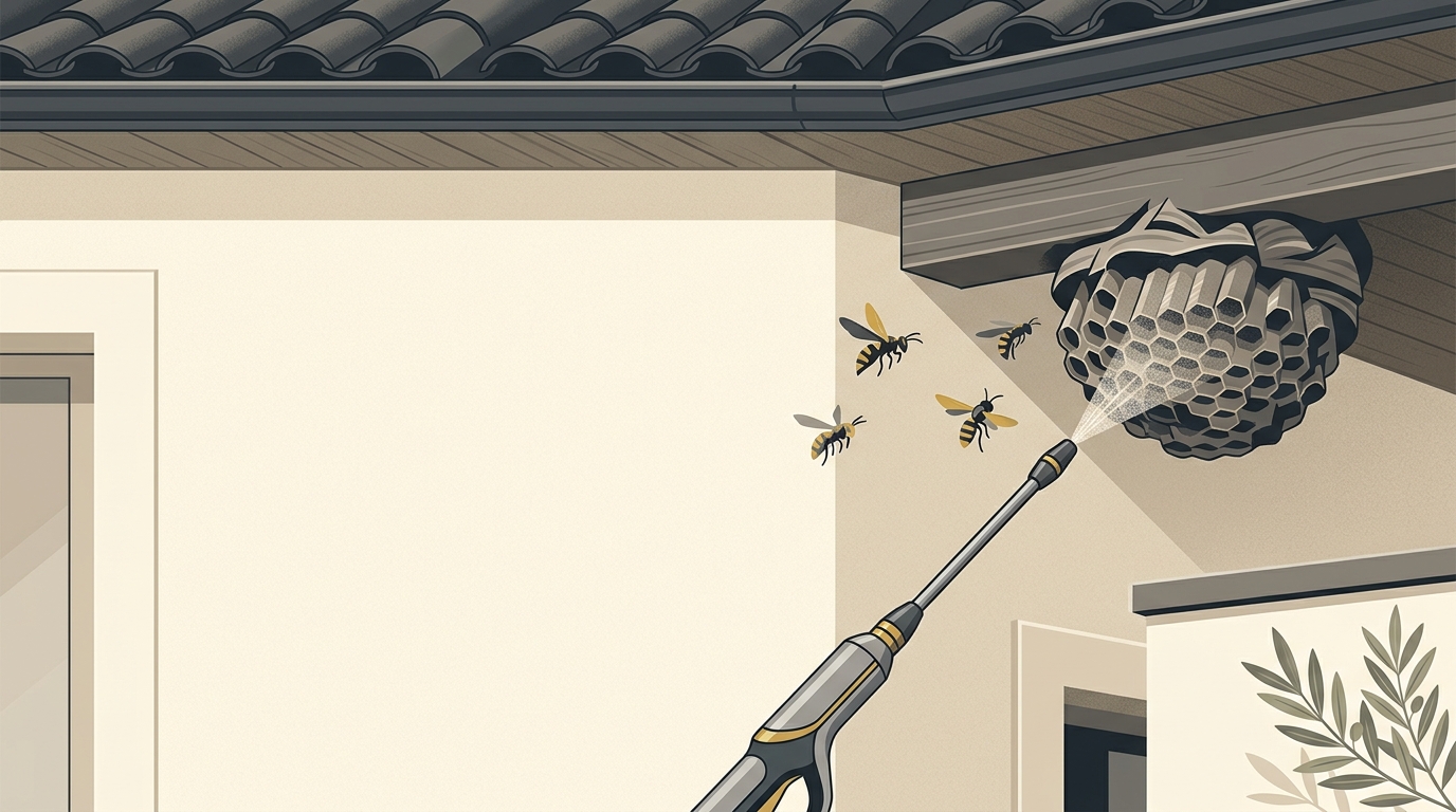 Illustration rapprochée d'un nid de guêpes traité en toiture
